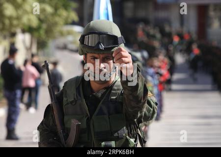 191231 -- TULKAREM, Dec. 31, 2019 -- A Palestinian security member takes part in a military parade marking the 55th anniversary of the founding of Fatah Party, in the West Bank town of Tulkarem, on Dec. 31, 2019. Photo by Nidal Eshtayeh/Xinhua MIDEAST-TULKAREM-MILITARY PARADE-FATAH PARTY-FOUNDING ANNIVERSARY XiongxSihao PUBLICATIONxNOTxINxCHN Stock Photo