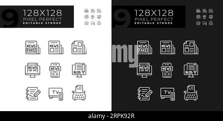 Set of 2D pixel perfect dark and light journalism icons Stock Vector