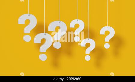 Many question marks white hanging on yellow wall background. 3D rendering. Stock Photo