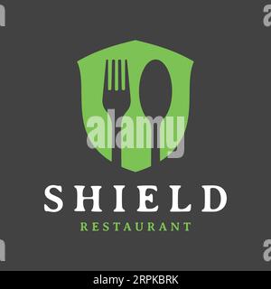 Illustration of Shield Protection Safe Icon Symbol with Spoon and Fork Cutlery. Can be used for restaurant shops Stock Vector