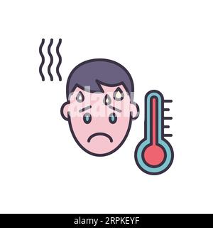 High body temperature related vector icon. Man head and high temperature thermometer. High temperature sign. Isolated on white background. Editable ve Stock Vector