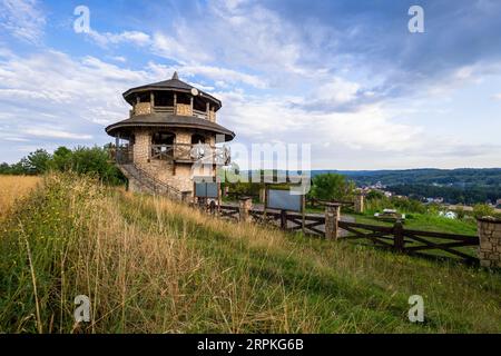 The observation tower in Krasnobród. Beautiful landscape in the background. Krasnobrod, Roztocze, Poland Stock Photo