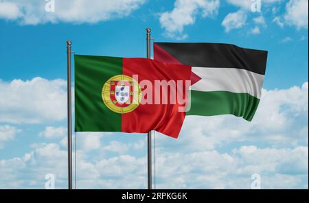 Palestine and Gaza Strip flag and Portugal flag waving together on blue sky Stock Photo