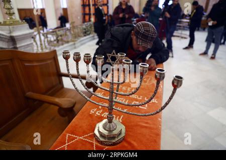200110 -- ALEXANDRIA EGYPT, Jan. 10, 2020 -- A menorah is seen in the Eliyahu Hanavi synagogue in Alexandria, Egypt, on Jan. 10, 2020. Egypt s Tourism and Antiquities Ministry reopened on Friday the Eliyahu Hanavi synagogue in the Mediterranean city of Alexandria after fully restoring the 14-century Jewish place of worship.  EGYPT-ALEXANDRIA-ELIYAHU HANAVI SYNAGOGUE-REOPENING AhmedxGomaa PUBLICATIONxNOTxINxCHN Stock Photo
