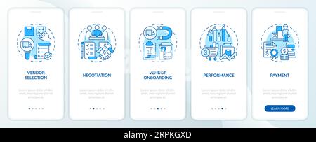 Walkthrough vendor management with blue line icons concept Stock Vector