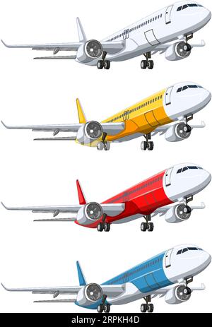 A set of commercial airline airplanes taking off, isolated on a white background in a vector cartoon illustration style Stock Vector
