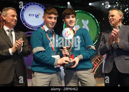 200111 -- DUBLIN, Jan. 11, 2020 -- Cormac Harris 2nd R and Alan O Sullivan 3rd R react after being awarded the top prize for their joint project at BT Young Scientist & Technology Exhibition in Dublin, Ireland, Jan. 10, 2020. Cormac Harris and Alan O Sullivan, both aged 16, will represent Ireland in the European Union Contest for Young Scientists which will take place in Santander, Spain in September 2020.  IRELAND-DUBLIN-YOUNG SCIENTIST-TECHNOLOGY EXHIBITION LiuxXiaoming PUBLICATIONxNOTxINxCHN Stock Photo