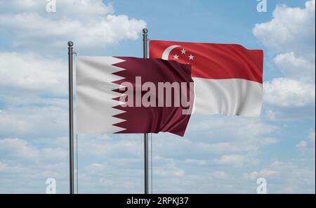 Qatar and Singapore flag waving together in the wind on blue sky, two ...