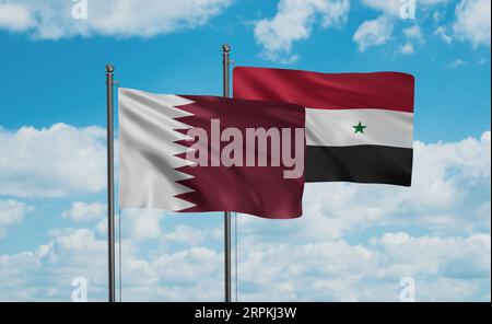 Syrian Arab Republic, Syria and Qatar flag waving together in the wind on blue sky, two country cooperation concept Stock Photo
