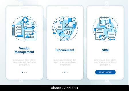 Walkthrough vendor management with blue icons concept Stock Vector