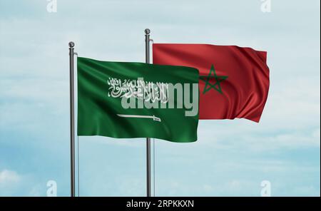 Morocco flag and Saudi Arabia, KSA flag waving together on blue sky, two country cooperation concept Stock Photo