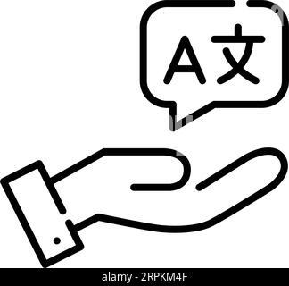 Hand holding translation symbols on a speech bubble. Pixel perfect, editable stroke Stock Vector