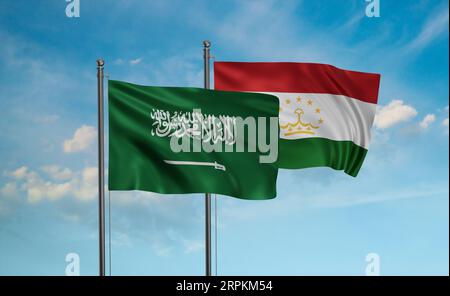 Tajikistan and Saudi Arabia, KSA flag waving together in the wind on blue sky, two country cooperation concept Stock Photo