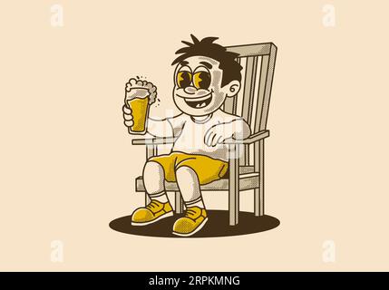 a man sit on the chair and holding a glass of beer, vintage style illustration Stock Vector