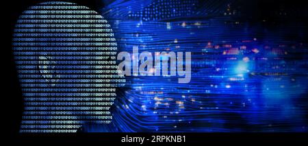 Horizontal futuristic background with human profile from a binary code and abstract circuit board. Global communication, cyber technology and networki Stock Photo