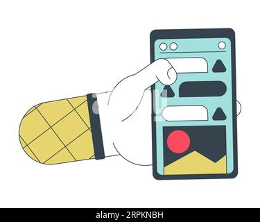 Smartphone in hand flat line concept vector spot illustration Stock Vector