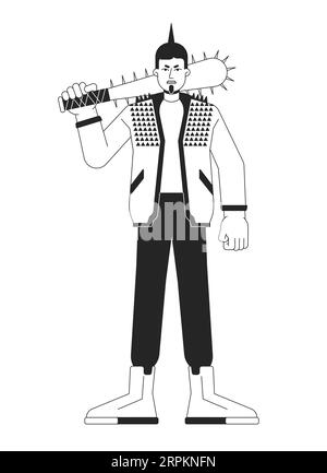 Angry rebel man flat line black white vector character Stock Vector