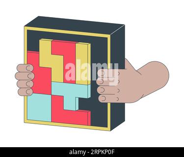 Holding tetrominoes cube flat line concept vector spot illustration Stock Vector