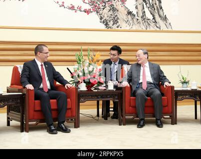 200116 -- BEIJING, Jan. 16, 2020 -- Chinese Vice President Wang Qishan meets with Venezuelan Foreign Minister Jorge Arreaza in Beijing, capital of China, Jan. 16, 2020.  CHINA-BEIJING-WANG QISHAN-VENEZUELA-FM-MEETING CN DingxHaitao PUBLICATIONxNOTxINxCHN Stock Photo