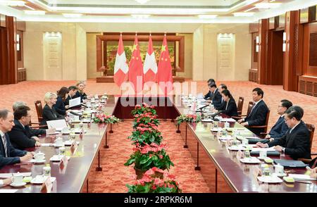 200116 -- BEIJING, Jan. 16, 2020 -- Li Zhanshu, chairman of the National People s Congress NPC Standing Committee, holds talks with President of the Swiss National Council Isabelle Moret at the Great Hall of the People in Beijing, capital of China, Jan. 16, 2020.  CHINA-BEIJING-LI ZHANSHU-SWITZERLAND-TALKS CN ZhangxLing PUBLICATIONxNOTxINxCHN Stock Photo