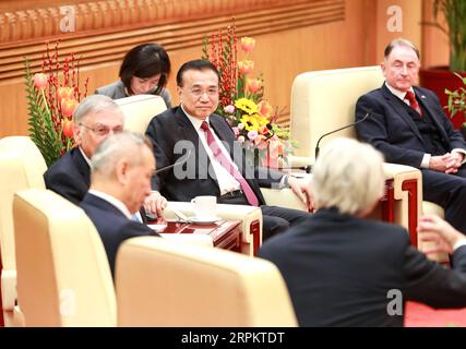 200117 -- BEIJING, Jan. 17, 2020 -- Chinese Premier Li Keqiang holds a symposium with representatives of foreign experts working in China ahead of the Spring Festival, or the Chinese Lunar New Year, at the Great Hall of the People in Beijing, capital of China, Jan. 17, 2020.  CHINA-BEIJING-LI KEQIANG-SYMPOSIUM-FOREIGN EXPERTS CN PangxXinglei PUBLICATIONxNOTxINxCHN Stock Photo