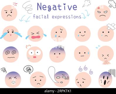 Simple and cute negative facial expression icon set. Colored flat design illustration.  Collection of funny emojis. Stock Vector