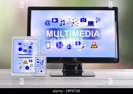 Multimedia concept shown on different information technology devices Stock Photo