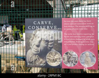 Carve Conserve Create, Stone masonry restoration work being carried out on York Minster Cathedral, Yorkshire, England Stock Photo
