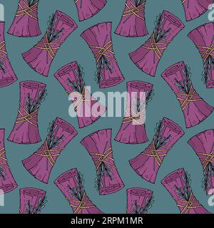 Pattern Magic scroll witchcraft hand drawn doodle, with rosemary twigs, dark background. Vector illustration Stock Vector