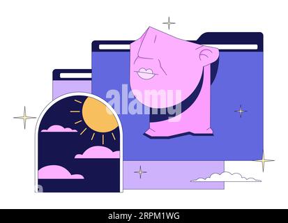 Vaporwave statue head, file folders flat line color isolated vector object Stock Vector