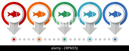 Fish, sea, animal, seafood, nature, food vector icon set, flat design infographic template, set pointer concept icons in 5 color options for webdesign Stock Vector