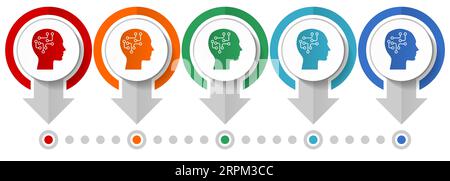 Human head, brain, human, circuit vector icon set, flat design infographic template, set pointer concept icons in 5 color options for webdesign and mo Stock Vector