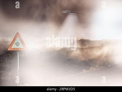 Ufo, spaceship light and alien in countryside for mission, science fiction and fantasy in sky. Spacecraft, field and flying saucer from outer space Stock Photo