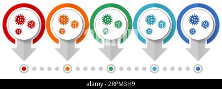 Virus, coronavirus, covid-19, infection vector icon set, flat design infographic template, set pointer concept icons in 5 color options for webdesign Stock Vector