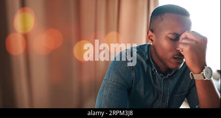Banner, headache and black man with burnout, fatigue and stress with medical problem, home and tired. Exhausted, African person or guy with a migraine Stock Photo