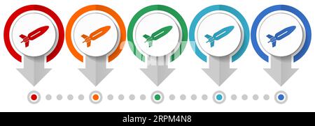 Missile, rocket, weapon, war vector icon set, flat design infographic template, set pointer concept icons in 5 color options for webdesign and mobile Stock Vector