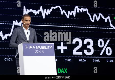 Munich, Germany. 05th Sep, 2023. Oliver Blume, CEO of the Volkswagen Group, takes part in a panel discussion during the IAA MOBILITY motor show. The International Motor Show IAA MOBILITY 2023 will take place in Munich from September 05-10. Credit: Sven Hoppe/dpa/Ģ����ý Live News Stock Photo