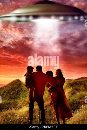 Back, alien and flying ufo with a family outdoor in nature together during an invasion or spaceship discovery. Universe, earth and people in the Stock Photo