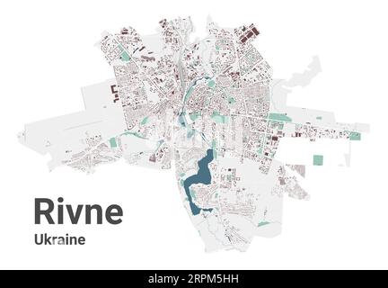 Rivne map, city in Ukraine. Municipal administrative area map with buildings, rivers and roads, parks and railways. Vector illustration. Stock Vector