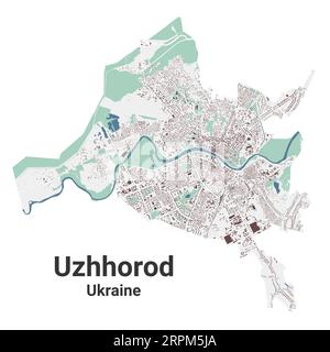 Uzhhorod map, city in Ukraine. Municipal administrative area map with buildings, rivers and roads, parks and railways. Vector illustration. Stock Vector