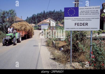 Portugal; EU sign informs that construction of highway has been financed with EU subsidy Stock Photo