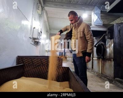 200131 -- MOSUL, Jan. 31, 2020 -- A worker makes Tahini at a factory in the city of Mosul, Iraq, on Jan. 30, 2020. Tahini, one of the famous productions of Iraq s northern city of Mosul, is a dense paste made from crushed sesame seeds. Iraqis enjoy Tahini on breakfast for its high calories. Yaser Jawad IRAQ-MOSUL-TAHINI BaixPing PUBLICATIONxNOTxINxCHN Stock Photo