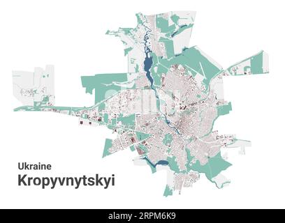 Kropyvnytskyi map, city in Ukraine. Municipal administrative area map with buildings, rivers and roads, parks and railways. Vector illustration. Stock Vector