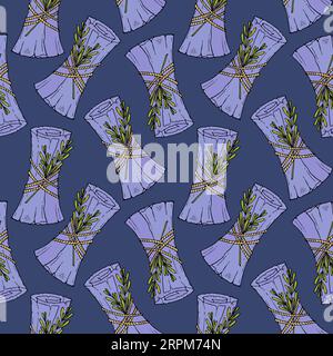 Pattern Magic blue scroll witchcraft hand drawn doodle, with green rosemary twigs, dark blue background. Vector illustration Stock Vector
