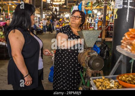 A market trader with glasses and a polka-dot dress stands at a mill with an electric motor and a metal hopper, possibly for grinding walnuts, in the covered farmers' market on Chavchavadze Avenue in Telavi, Georgia. She rests one hand on the hopper. In front of her stands a customer with long black hair and a black waistcoat, possibly holding a banknote. On the right lie walnut kernels in a metal tray and an orange bowl. Bottles line a stall in the background. In Georgian cuisine, ground walnuts go into satsivi, cold poultry in walnut sauce, and pkhali, vegetable pastes. A curved roof covers t Stock Photo