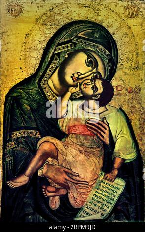 Theotokos Glykophilousa.  Athens Greece Byzantine Museum Orthodox Church Greek ( Icon ) Origin: Thessaloniki, Church of Hypapante Creator: Workshop of Northern Greece  The painting layer of the 18th century which had been detached from the layer of the 12th century Stock Photo