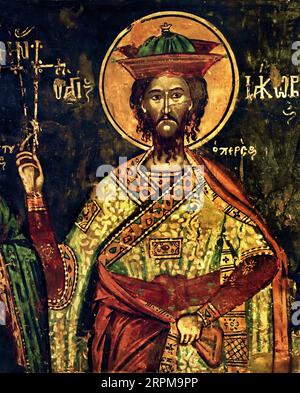 Mural depicting Saint Jacob the Persian from the Catholicon of the Panagia (Dormition of the Virgin) Monastery in Delphi. The monastery was built in 1743 and decorated in 1751 with funds donated by Ioannis Ntasios from Ioannina.Athens Greece Byzantine Museum Orthodox Church Greek ( Icon ) Stock Photo