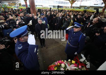 200205 -- SARAJEVO, Feb. 5, 2020 Xinhua -- Zeljko Komsic, chairman of the Presidency of Bosnia and Herzegovina, pays tribute to victims of the 1994 massacre in Sarajevo marketplace in Sarajevo, Bosnia and Herzegovina, on Feb. 5, 2020. A mortar shell exploded in the marketplace in Sarajevo on February of 1994, killing 68 people. Photo by Nedim Grabovica/Xinhua BOSNIA AND HERZEGOVINA-SARAJEVO-MASSACRE-ANNIVERSARY PUBLICATIONxNOTxINxCHN Stock Photo