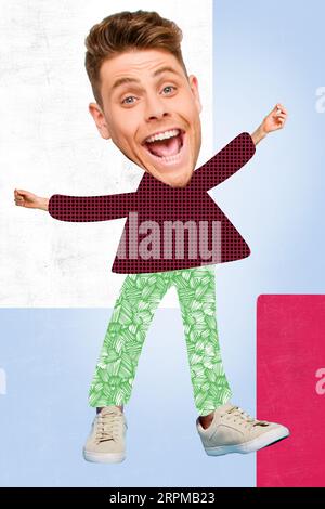 Vertical creative collage image of excited astonished funky man big head smiling have fun cheerful surrealism template metaphor psychedelic Stock Photo