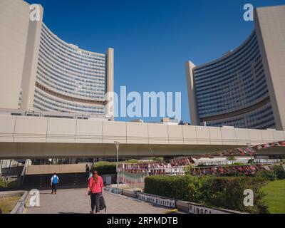 Vienna, Austria - July 27, 2023: UN headquarters building in the Austrian capital. Activists protesting against UN building, about the Iranian problems Stock Photo